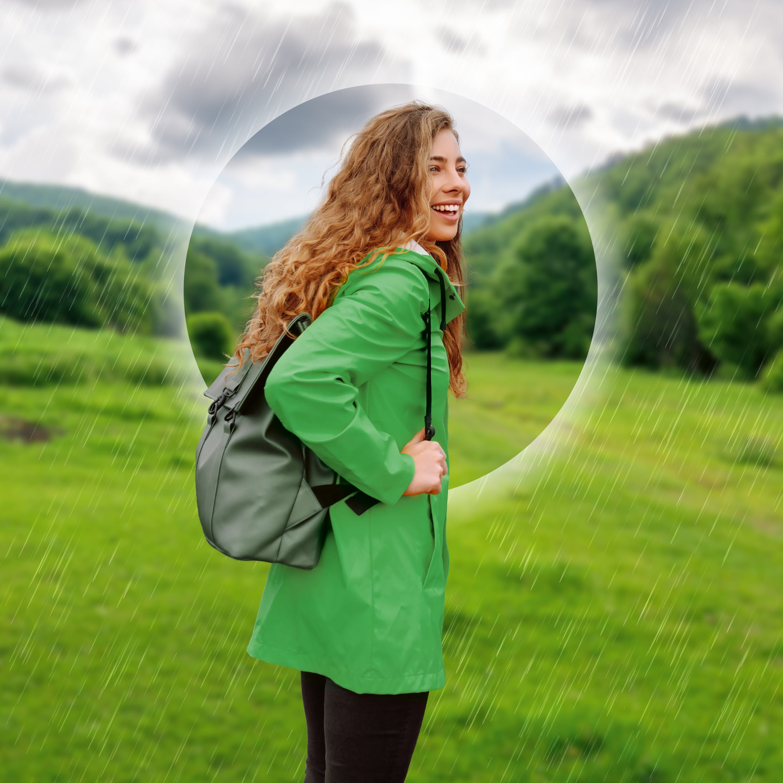 Eine Frau Ende Zwanzig steht mit einer grünen Jacke und einem Rucksack auf einer Wiese mit angrenzendem Wald. Es regnet, sie sieht in die Ferne und lacht.