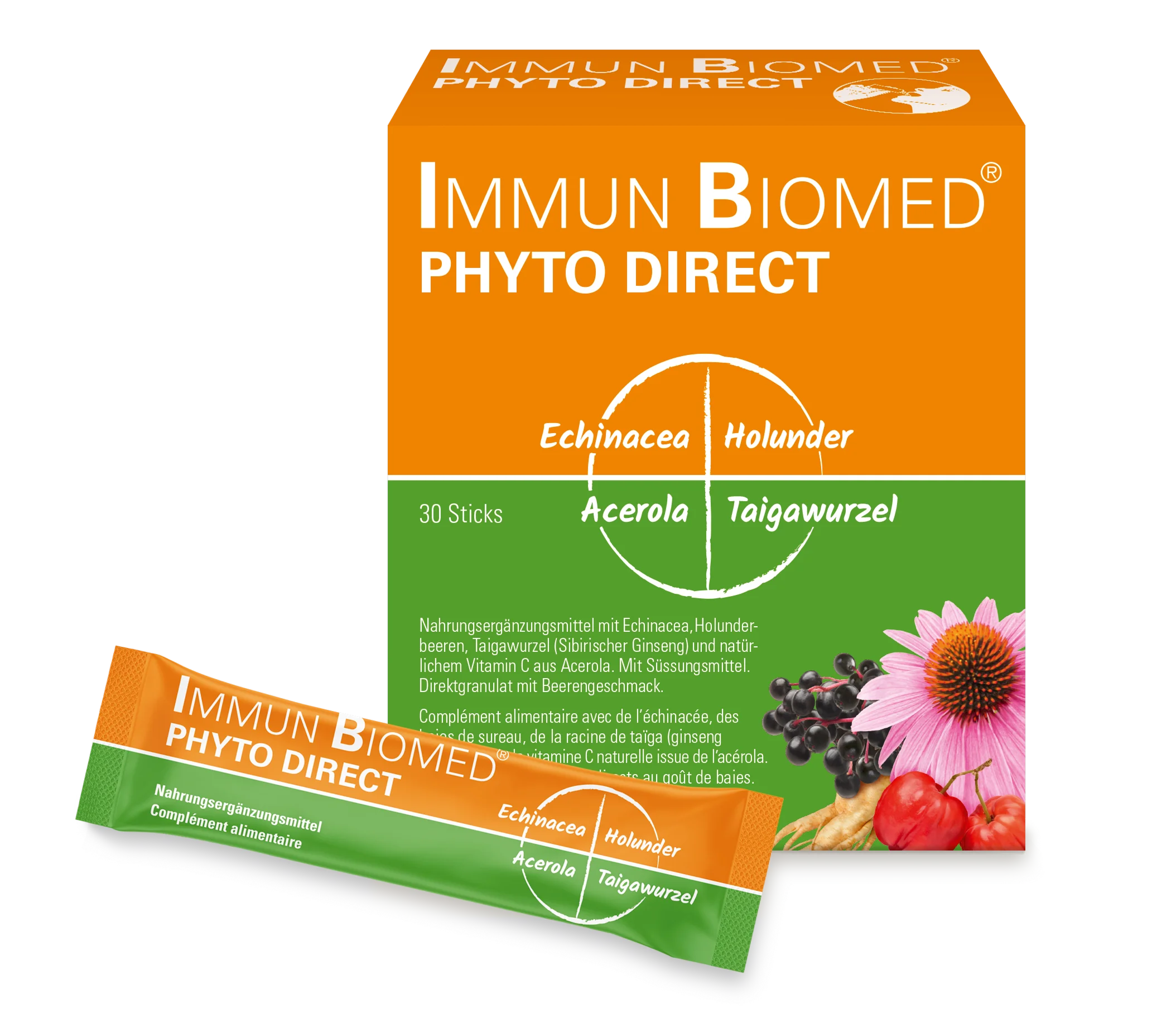 Das Nahrungsergänzungsmittel Immun Biomed Phyto Direkt ist abgebildet. An der vorderen linken Ecke liegt zudem ein Sachet des Produktes.
